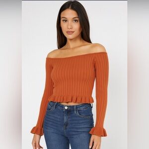 Y2k off the shoulder ruffled Knit crop sweater